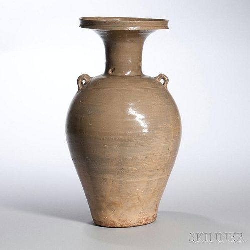 Celadon-glazed Pottery Jar 双凸肩饰青瓷盘口瓶,高15.125英寸,中国唐代