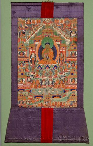Thangka Depicting Shakyamuni 释迦牟尼唐卡，高54英寸，宽34英寸，19世纪，中国西藏