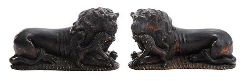 Pair Carved Wood Lions with Cubs