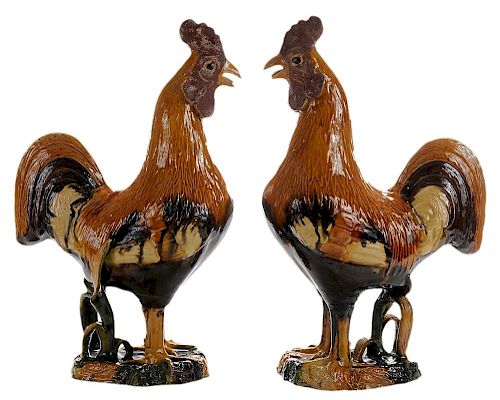Pair of Colorful Majolica Roosters
