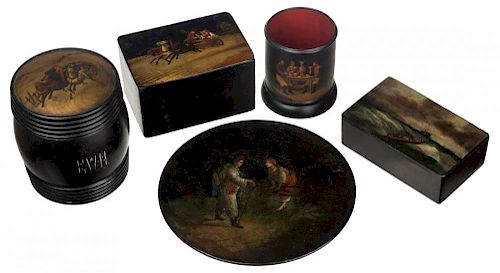 A GROUP OF FIVE ANTIQUE RUSSIAN LACQUERWARE ITEMS, VISHNYAKOV FACTORY AND OTHER MAKERS, 19TH CENTURY
