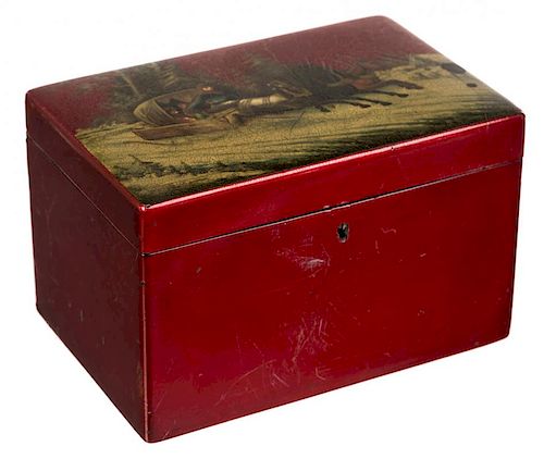A RUSSIAN PAPIER-MACHE AND LACQUER TEA CADDY, VISHNYAKOV FACTORY, LATE 19TH CENTURY