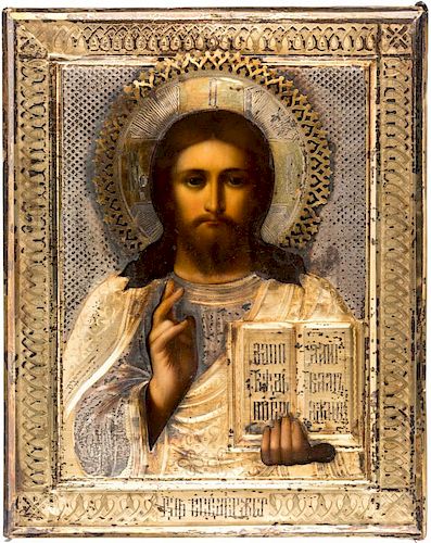 A RUSSIAN ICON OF CHRIST PANTOCRATOR IN A GILT SILVER OKLAD, MARKED MK, MOSCOW, 1899-1908