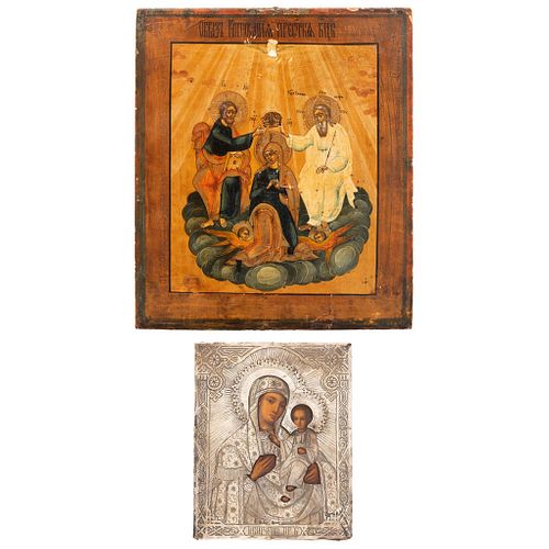 PAR DE ICONOS RUSIA, SIGLO XIX 1.-Coronación de la Virgen Óleo sobre madera 35 x 31 cm 2.-Virgen con el niño 22 x 17 cm