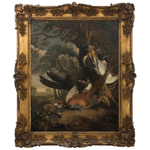 A LA MANERA DE JAN WEENIX  PAÍSES BAJOS, (1642 – 1719) NATURALEZA MUERTA CON ANIMALES Óleo sobre lienzo. 129 x 102 cm