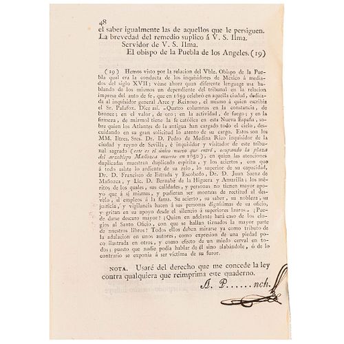 Carta del Venerable D. Juan de Palafox, al Inquisidor General D. Diego de Arce y Reinoso. Cádiz: 1813. Con rúbrica de A. Puigblanch.