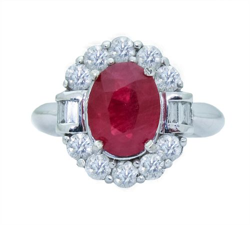 14k White Gold Oval Ruby Diamond Ring Size 6.25
