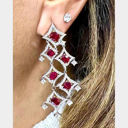 18K White Gold Certified Burma Ruby & Diamond Earrings