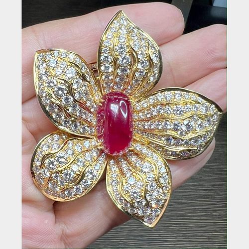 Alexandre Reza 18K Burma Ruby & Diamond Flower Brooch