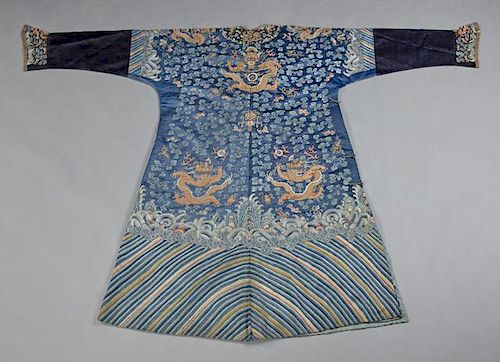 Chinese Embroidered Blue Silk Robe, early 20th c.,