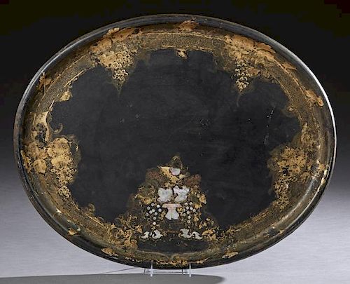Large English Oval Tole Tray, 19th c., with gilt f