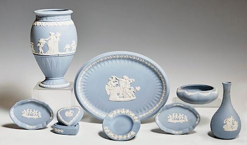 Group of Eight Pieces of Wedgwood Light Blue Jaspe