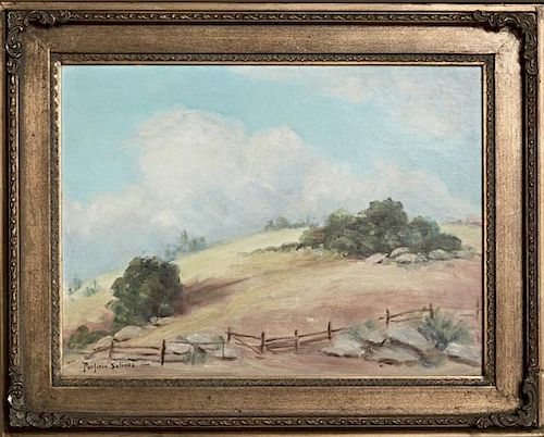 After Porfirio Salinas, "Western Landscape," 20th c., oil on board, signed l.l., presented in a gilt and gesso frame, H.- 11 1/2 in., W.- 15 3/8 in.