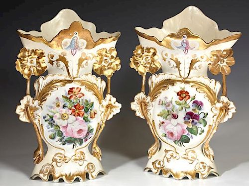 Pair of Old Paris Porcelain Flare Vases, mid 19th