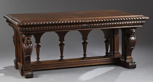 French Renaissance Revival Carved Walnut Library T