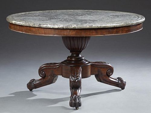 French Empire Style Carved Mahogany Marble Top Cen