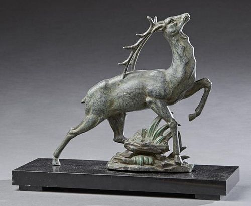 Patinated Spelter Figure of a Deer, 20th c., on a