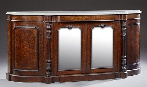 English Carved Inlaid Burled Walnut Marble Top Cre