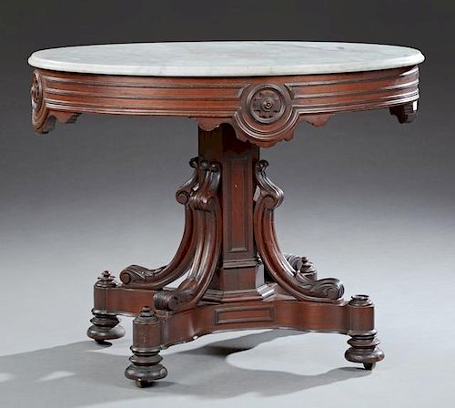 American Transitional Carved Walnut Marble Top Cen