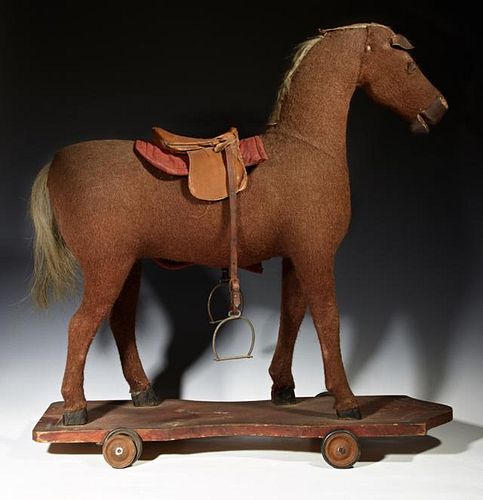 Child's Burlap and Leather Riding Pull Horse Toy,