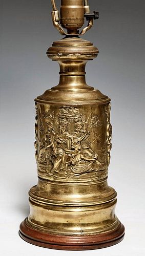 French Brass Canister Lamp, 19th c., with repousse