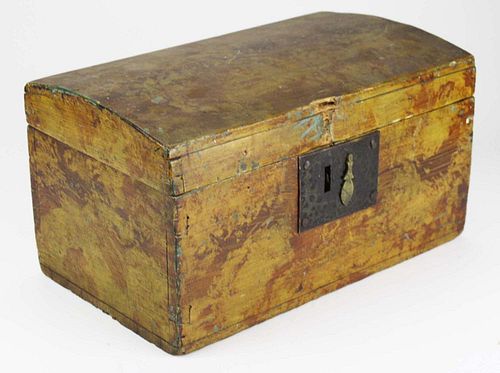 early 19th c dome top box w/ sponge painted decoration, with 3 schoolboy watercolors of fighting & hunting scenes under the lid, 13ﾔ x 8ﾔ x 8ﾔ