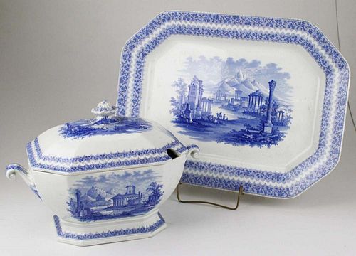 mid-19th c. light blue transferware decorated soup tureen and platter by Ridgway and Morley 10" x 8.5" x 14", 14" x 19"