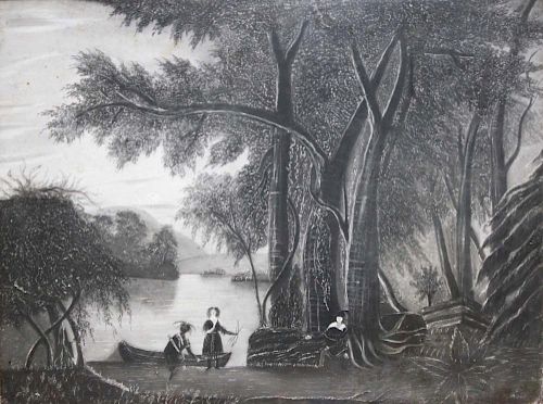 mid to late 19th c sandpaper picture of Indians with a canoe in the primordial forest, 17.5ﾔ x 22.5ﾔ