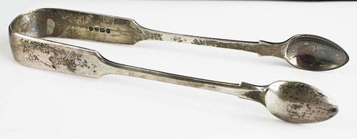 1889 John Aldwinckle & Thomas Slater London sterling silver spoon shaped sugar tongs. Hallmarked leopard's head, lion passant, date letter o, Queen's 