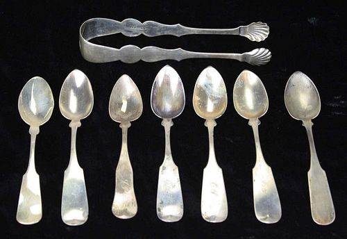 Lot of coin silver and sterling including 7 early American spoons and shell tongs marked G. W. Striker. 5.1 troy oz.