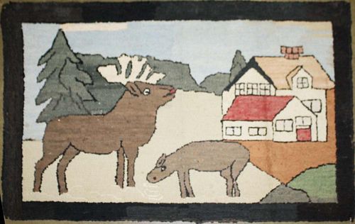 late 19th c Quebec ﾓbull moose & cowﾔ hooked rug, 2' 1ﾔ x 3' 4ﾔ
