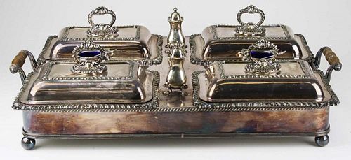 Wonderful silver-plate warming tray with 4 covered dishes, 2 cobalt lined salts with spoons, 2 peppers.