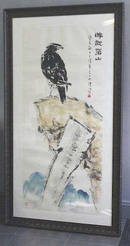 Large Framed Chinese Watercolor of a Hawk or Eagle