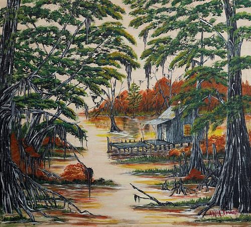 Ann Irvine, "Louisiana Swamp Scene," 20th c., oil