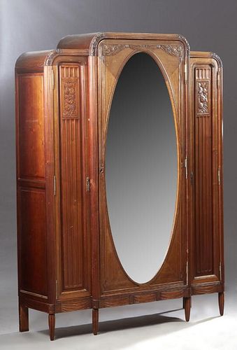French Art Deco Carved Mahogany Triple Door Armoir