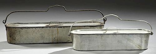 Two Large French Covered Iron Fish Poaching Pans,