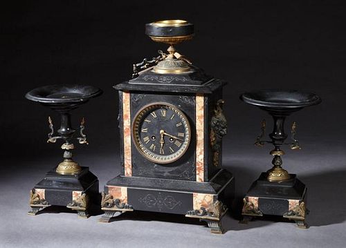 Three Piece French Black and Rouge Marble Clock Se