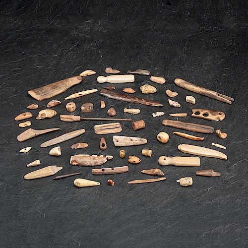 Collection of Alaskan Eskimo Bone and Walrus Ivory Tools and Gaming Pieces