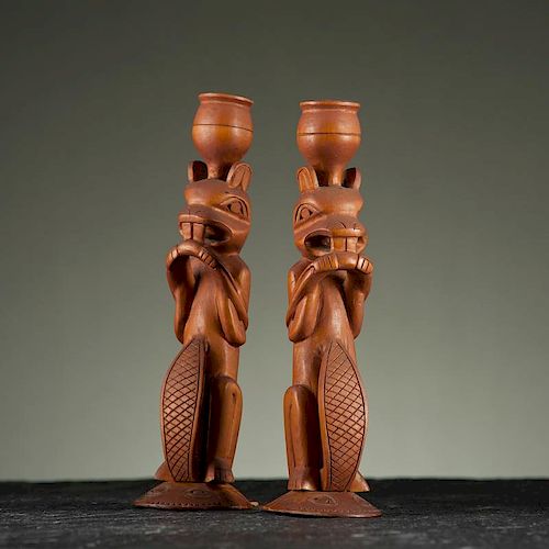 Tlingit Carved Wood Candlesticks