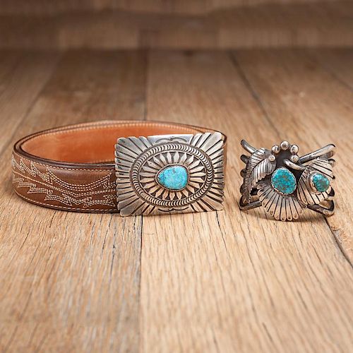 Navajo Silver and Turquoise Cuff and Belt Buckle