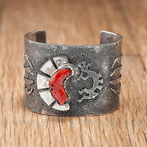 Hopi Cast Silver Cuff with Coral