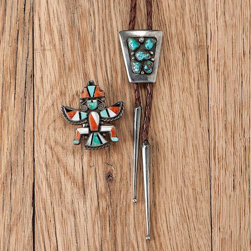 Frank Patania (1899-1964) Silver and Turquoise Bolo Tie and a Zuni Knifewing Pin
