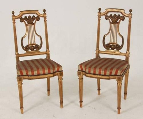 PAIR OF FRENCH LOUIS XVI WATER GOLD LEAF BOUDOIR CHAIRS
