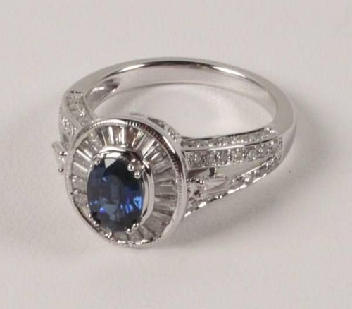 14K WHITE GOLD DIAMOND AND BLUE SAPPHIRE RING