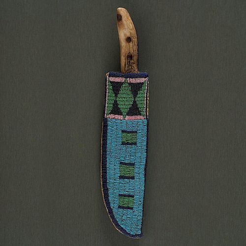 Northern Plains Beaded Hide Knife Sheath with Knife From an Important Denver, Colorado Collector