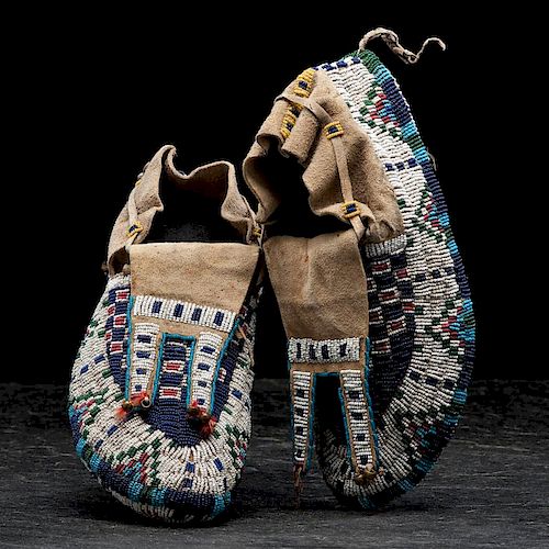 Sioux Fully Beaded and Quilled Hide Moccasins From the Collection of John O. Behnken, Georgia