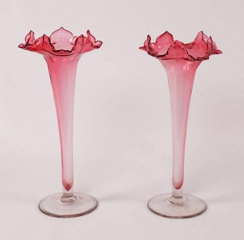 PAIR OF VICTORIAN CRANBERRY JACK IN PULPIT VASES