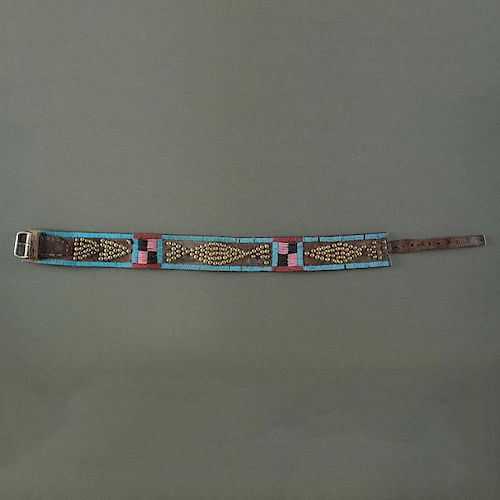 Crow Beaded and Tacked Leather Belt From the Collection of John O. Behnken, Georgia