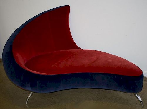 Ico Parisi style midcentury style comma chaise lounge in red and blue microsuede fabric 66"  made for comfort and design. Cir