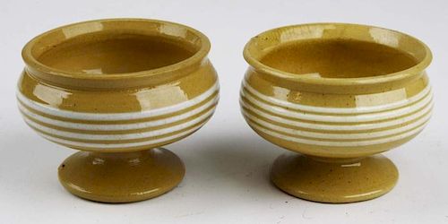 two early 19th c yellow ware master salts with multiple white bands, dia 3 1/4”, ht 2”